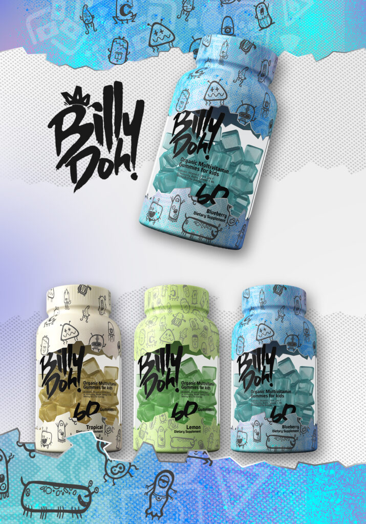 Packaging design for Billy Doh supplement bottles.